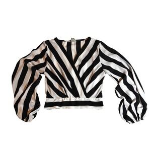 Privy Black White Stripe Wrap Balloon Sleeve Crop Top M